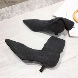 Dress Shoes Liyke Autumn Winter Casual Cozy Low Thin Heels Knitting Stretch Fabric Ankle Sock Boots Women Pointed Toe Botas mujer H240403