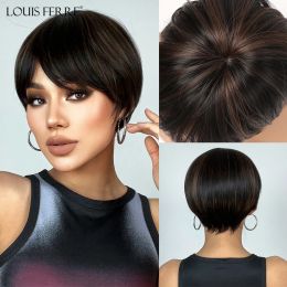 Black Brown Mixed Blonde Synthetic Wigs Short Straight Pixie Cut Wig for Women Natural Layered Hair With Bangs Daily Cosplay Wig