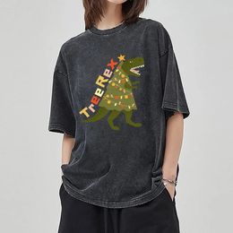 Green Cartoon Dinosaur Print Vintage Washed Short Sleeve Loose Large Sports Pullover Mens And Womens Summer Trend Tshirt 240403