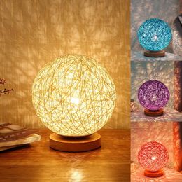 Table Lamps 15cm LED Starry Rattan Ball Wood Bedside Living Room Night Light Decor