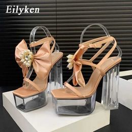 Dress Shoes CRYSTAL Transparent High Heels Women Sandals Design Style String Bead Button Strap Platform Banquet Party H240403