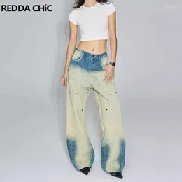 Women's Jeans ReddaChic Boyfriend Tie Dye Blue Baggy Women Retro Colour Block Distressed Straight Wide Leg Pants Y2k Korean Streetwear