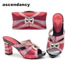 Boots Latest Red Colour Italian Ladies Shoes and Bag Sets Decorated with Rhinestone African Matching Shoes and Bags Italian in Women