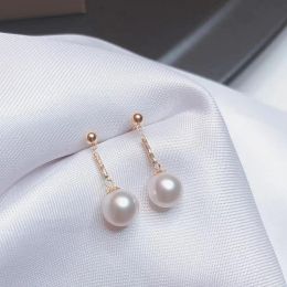 Earrings MIQIAO Real 18K Gold Drop Earrings Round Natural AKOYA Seawater Pearls Pure AU750 Earrings for Women Fine Jewellery EA023