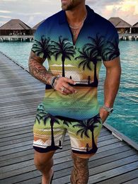 Summer Trend Mens Sweatsuit set Hawaii Beach Elements 3D Print Zipper Collar Polo Shirt And Shorts 2pcs Set Casual Man Clothing 240320