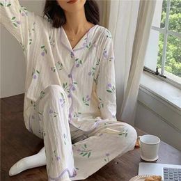 Home Clothing 2024 Sweet Pajamas For Women Sleepwear Spring Long Sleeve Cardigan Korean Fashion Clothes Kawaii Print Pijamas Sets