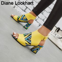 Boots Women Stylish Print Sandals Boots Peep Toe Strap Summer High Heel Gladiator Shoes Woman Yellow Green Sandalias Mujer 2022