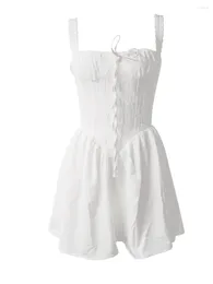 Casual Dresses Women Summer Chic White Dress Lace Trim Tie-up Front Ruched Short A-line Sleeveless Backless Corset Party