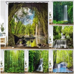 Shower Curtains Forest Cave Waterfall Landscape Tropical Plant Trees Vines Nature Scenery Garden Wall Hanging Bathroom Decor Set