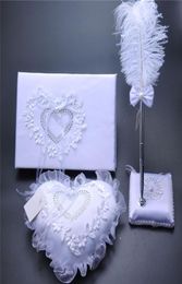 3Pc set Burlap Hessian Lace Crystal Wedding Guest Book Pen Set Ring Pillow Garter Decoration Love Heart Bridal Ring Pillows Weddin4575716