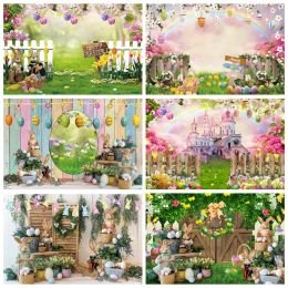 Spring Easter Backdrop for Photography Garden Green Grass Flowers Eggs Rabbit Bunny Easter Party Baby Portrait Photo Background