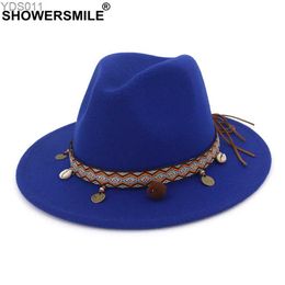 Wide Brim Hats Bucket Showersmile Blue Felt Fedoras Womens Hat Wool Trilby Leisure Winter Ethnic Style Pork Pie yq240403
