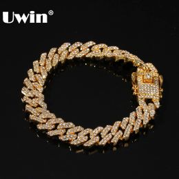 Bracelets Uwin 12mm Bling Slink Miami Cuban Bracelets Gold Color Full Iced Rhinestones Hiphop Mens Bracelet Fashion Jewelry