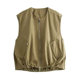 Women's Vests Jackets Coat Vest Outwear Khaki Sleeveless Tops Solid With Zipped 2024 Inszartraf Jaqueta Woman Streetwear Fashion