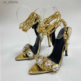 Dress Shoes Golden Ankle Lace-Up Women Sandals Summer Sexy Crystal Rhinestones Pointed Toe Wedding Party Ladies Stilettos H240403R93B