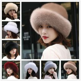 Winter Women's Faux Fur Hat Lady Rabbit Pur Warm Bap With Faux Fox Fur Brim Bumffs