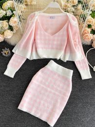 Work Dresses Korean Sweet Knit Plaid Cardigans Camisole Skirts 3pcs Sets Girls Short Sweater Coat Vest Mini Skirt Suits Women Outfits