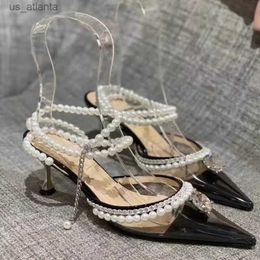 Dress Shoes Fashion Clear Plexiglass Women Sandals Crystal Pearls Ankle Strap High heels Gladiator Spring Summer Party Prom H240403ROJB