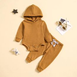 Clothing Sets Infant Born Baby Boys Clothes Hood Jumpsuit Solid Color Waffle Long Sleeve Romper Tops Pants Toddler 0-24M