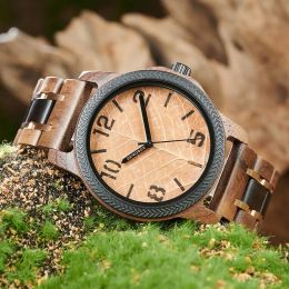 BOBO BIRD Men's Wood Watch with Genuine Leaf, Natural Handmade Watches, Custom Wooden Gift for Anniversary, Stylish Mens Watch