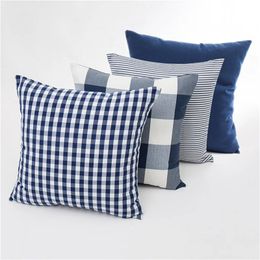 2024 Neues kariert gestreiftes Polyester Baumwoll -Leinwand Kissenbedeckung Kissen Hülle Marineblau Stuhl Sofa Home Decor Throw Pillow Cover