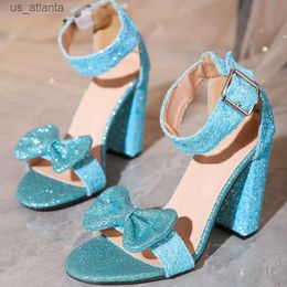 Dress Shoes Sequin Cloth Buckle Strap Women Sandals Fashion Open Toe Square High Heels Elegant Banquet Party Zapatos Mujer H24040376EV