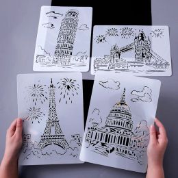 5pcs Hollow Painting Decorative Stencil Template Painting Toys Kids DIY Eiffel Tower Christmas Birthday Scratch Drawing Template