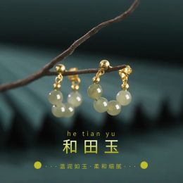 Earrings Fashion Ethnic Chinese Style Hotan Jade Beads Agate Hoop 925 Silver Earrings for Women Party Girlfriend Birthday Gift
