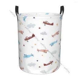 Laundry Bags Basket Round Dirty Clothes Storage Foldable Watercolour Aircraft Baby Pattern Hamper Organiser