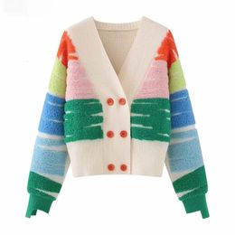 Rainbow Striped Knit Sweater Cardigan Women Double-breasted V-neck Jacket Coat Autumn Winter Loose Stylish Top DF4946 240320