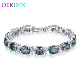 Bangles OEKDFN Bohemian 100% 925 Sterling Silver Bracelets Luxury Mystic Rainbow Topaz Gemstone Bangle Charm Bracelet Fine Jewelry
