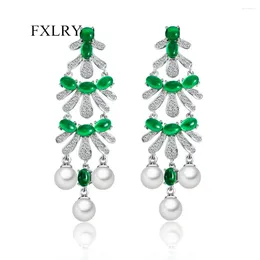 Dangle Earrings FXLRY High Quality Dark Green Cubic Zirconia Dangling Long Pearl Drop For Women Wedding Jewellery