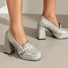 Dress Shoes Grey Brown Ladies Mature Pumps Brogue Design Retro Platform Block High Heels Slip-on Footwear Woman's Loafers Big Size 43