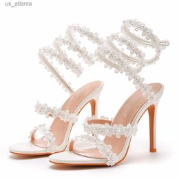 Dress Shoes Women Sandals Fashion Sexy String Bead PU 10.5CM Thin Heels Buckle Strap Narrow Band Wedding Womens White Party Prom H2404037N87