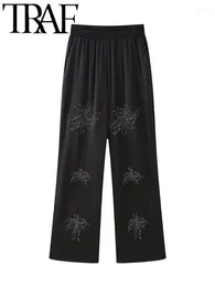 Women's Pants Black Embroidery Beading Women Wide 2024 Summer Elastic High Waisted Casual Loose Pant Female Trousers Y2K