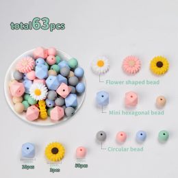 LOFCA 63pcs Silicone bulk Beads Flower Bead DIY Baby Pacifier Chain Pendant Necklace Baby Teether Toys Set of Teething Beads BPA