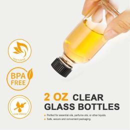 2oz Small Clear Glass Bottles with Lids Glass Containers Round Sample Bottles for Juice, Oils, Ginger Shots, Whiskey, Liquids