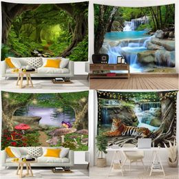 Mountain Waterfall Tapestry Nature Scenery Tapestries Wall Hanging for Bedroom Aesthetic Room Decor Boho Home Decoration Cloth 240328
