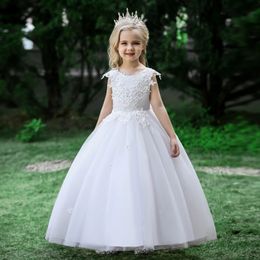 Formal Tulle Flower Bridesmaid Girls Dress Vestido White Wedding Princess Prom Kids Party Dresses For Bow Birthday Costume 240321