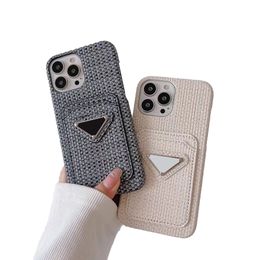 Metal Logo Phone Case Straw Mat Textured Double Layer Card Pocket For Iphone 14 11 Pro Max 12 13 Xs Xr 7 8 Plus Full Wrap Cover