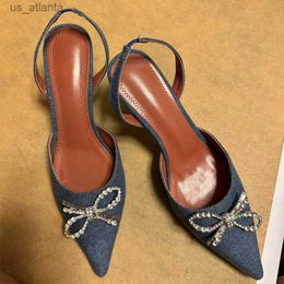 Dress Shoes Famous Brand Style Fashion Rhinestones Bowknot Denim Women Pumps Elegant Slingbacks Spring Autumn High heels Office Lady H240403FAWV