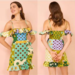 Women Dresses Green Polka Dot Sleeveless Slash Neck Tube Mini Dress Bohemia Style High Quality New Summer Ladies Clothing FZ2404035