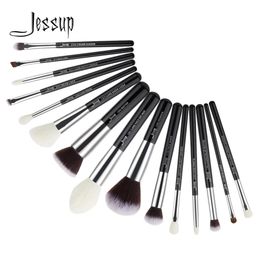 Jessup Brushes 15pcs BlackSilver Makeup Set Brush Tools kit Foundation Powder Definer Shader Liner T180 Eyeliner 240403