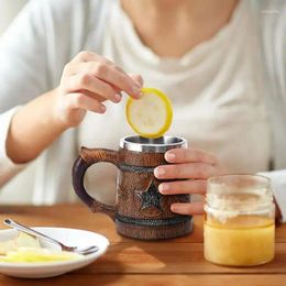 Mugs Beer Tankard Wood Grain 600ml Stainless Steel Liner Vintage Handmade Medieval Resin Barrel Shaped Mug For Coffee Beverage