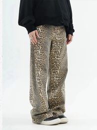 Vintage Leopard Print Jean Spring Oversize Casual Hip Pop Wide Leg Trouser Trend High Waist Panther Denim Pants Ladies 240403