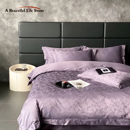 1000TC Egyptian Cotton Satin Jacquard Luxury Bedding Set Soft Silky Elegant Purple Flowers Duvet Cover Set Bed Sheet Pillowcases 240418