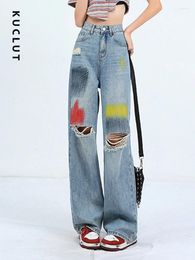Women's Jeans KUCLUT Ripped For Women Denim Pants Painted Vintage Chic Blue Wide Leg Korean Fashion High Waisted Full Length