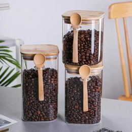 Storage Bottles Durable Tank Wooden Lid Glass With Airtight Cover Practical Flat Bottom For Restaurant