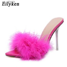 Dress Shoes Summer Sexy Pointed Toe Furry Slippers Ladies Sandals Fashion Design Clear Perspex Heels Women Mules Fluffy Slides H240403950X