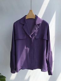 Women's Blouses Silk Purple Soft Blouse For French Vintage Notched Ladies Single-breasted Elegant Shirt Double Pockets Patch Tops